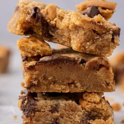 Close up of nutter butter cookie bars stacked