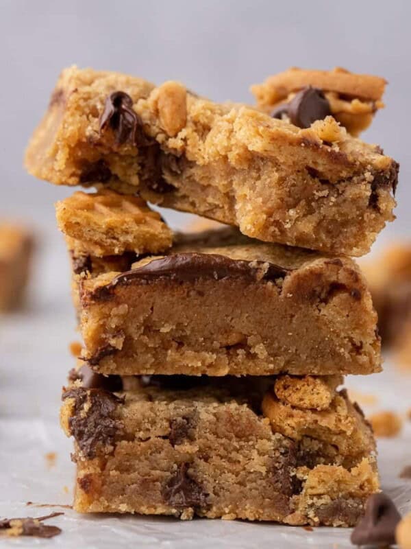 Close up of nutter butter cookie bars stacked