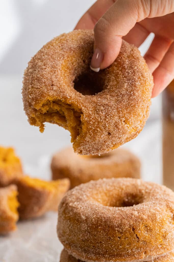 Pumpkin spice donut held by a hand