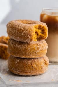 Close up of pumpkin spice donuts stacked