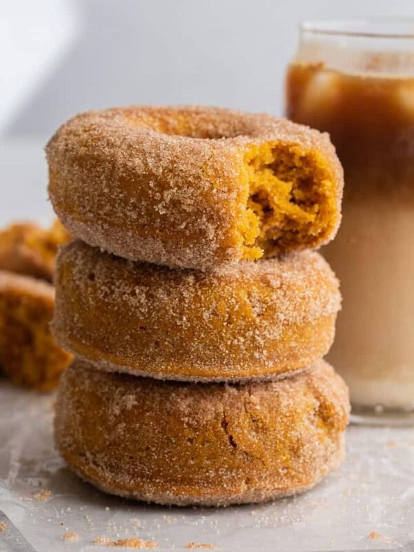 Close up of pumpkin spice donuts stacked