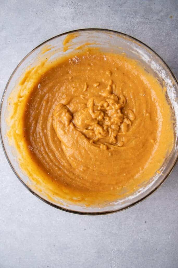Pumpkin spice batter in a mixing bowl.