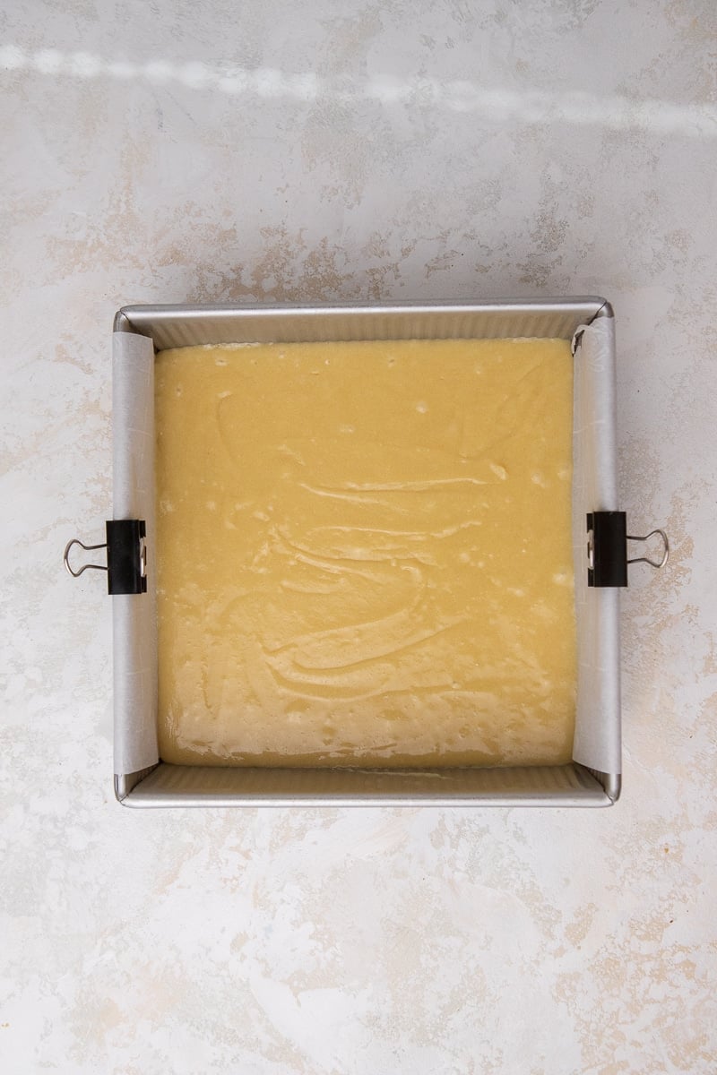 white chocolate brownie batter in a pan
