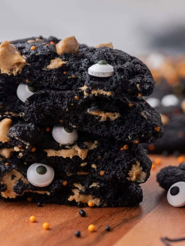 Close up of stack of black cocoa cookies