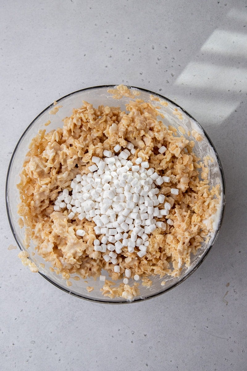 Rice Krispies and marshmallow mixture in a bowl