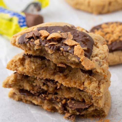 Stack of Crumbl peanut butter butterfinger cookies
