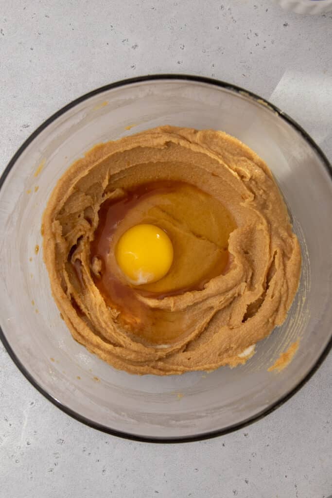 Egg added to creamed peanut butter and sugar mixture for Butterfinger cookies
