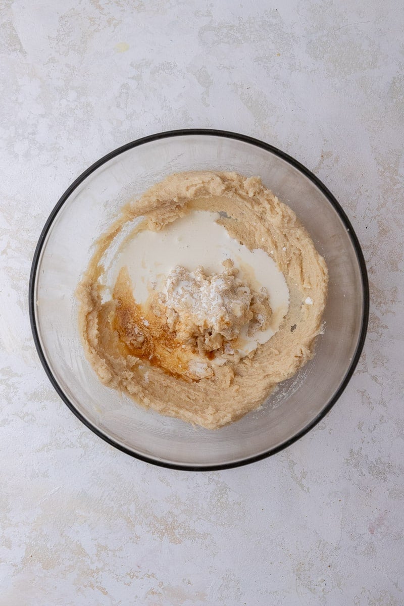 Wet ingredients in a mixing bowl