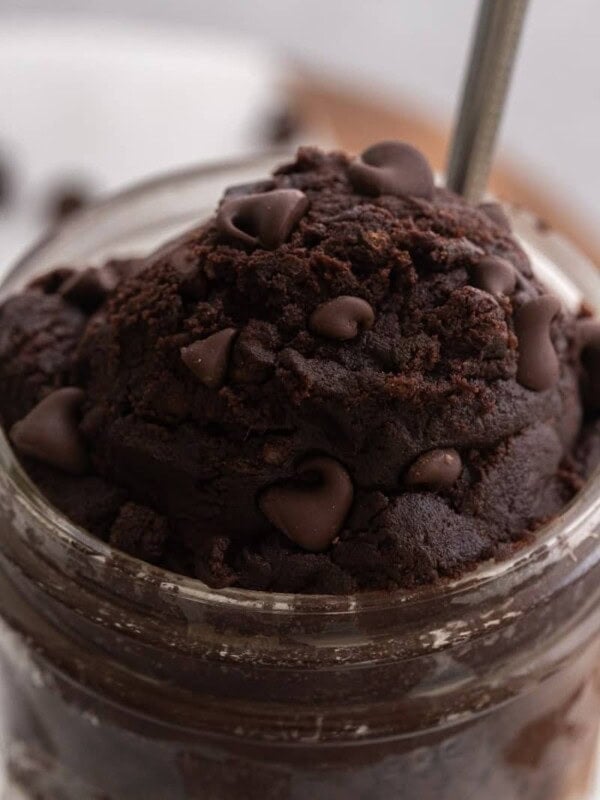 Scoop of brownie batter in a cup