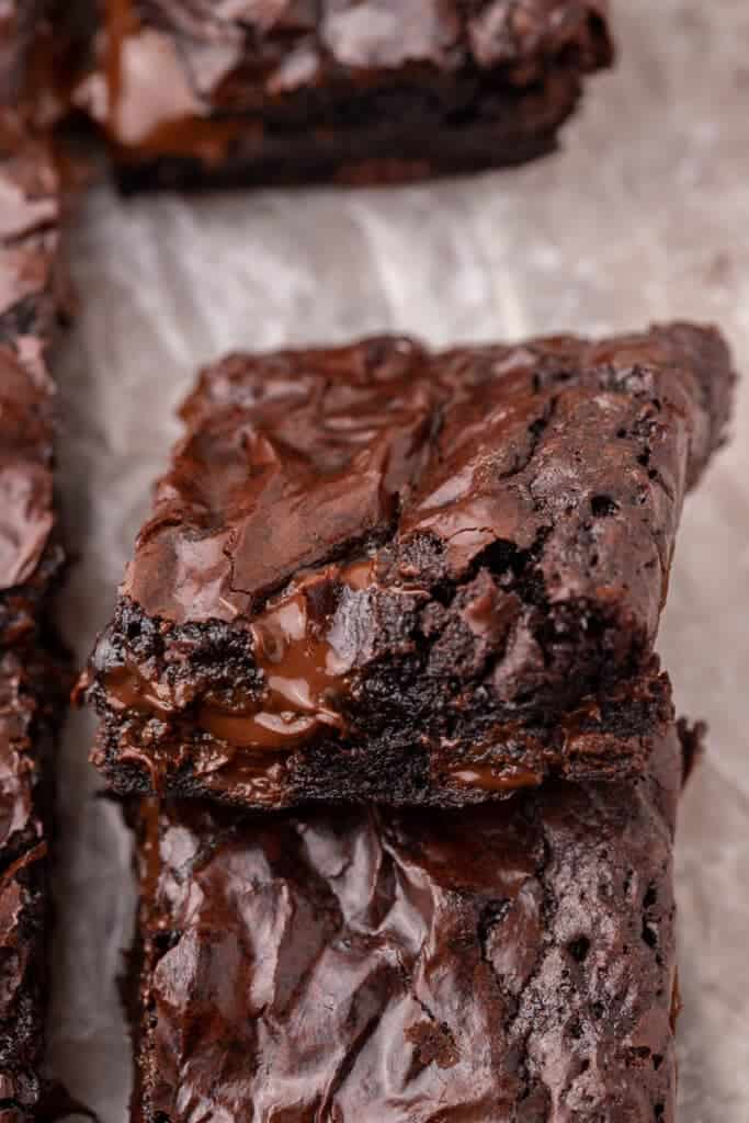 Close up of slice of fudgy brownie