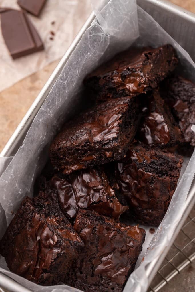 Chewy brownies in a loaf pan