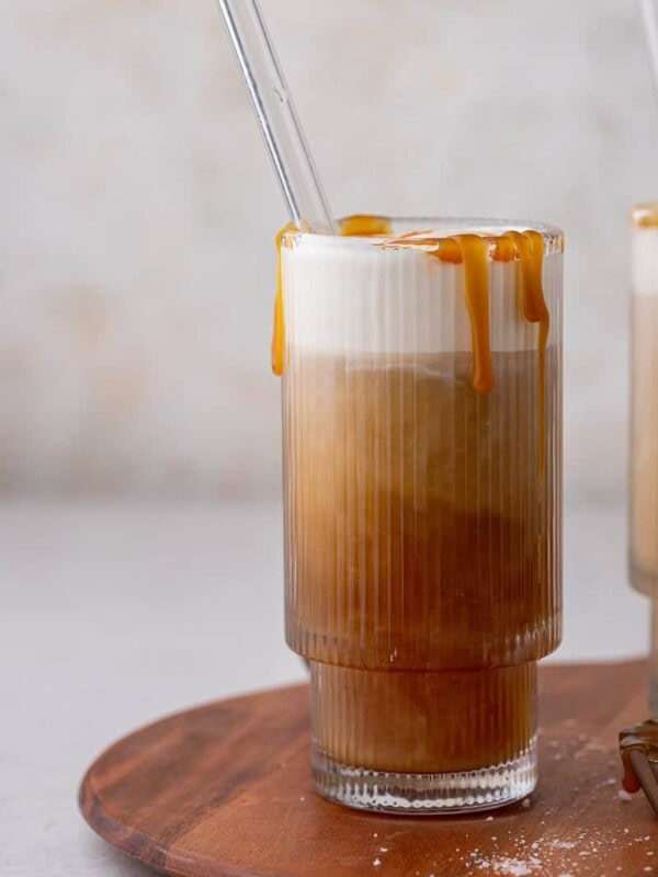 homemade salted caramel cold foam cold brew recipe in a glass