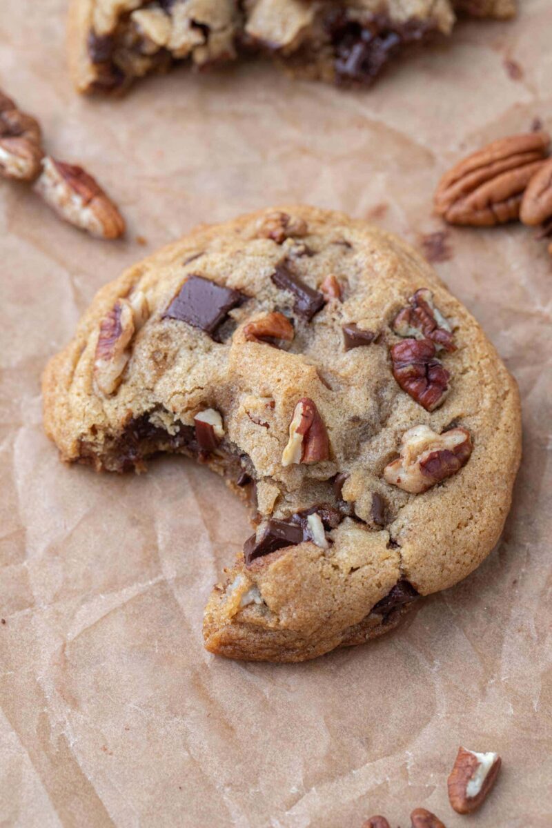 Stack of Chewy Brown Butter Pecan Chocolate Chip Cookies