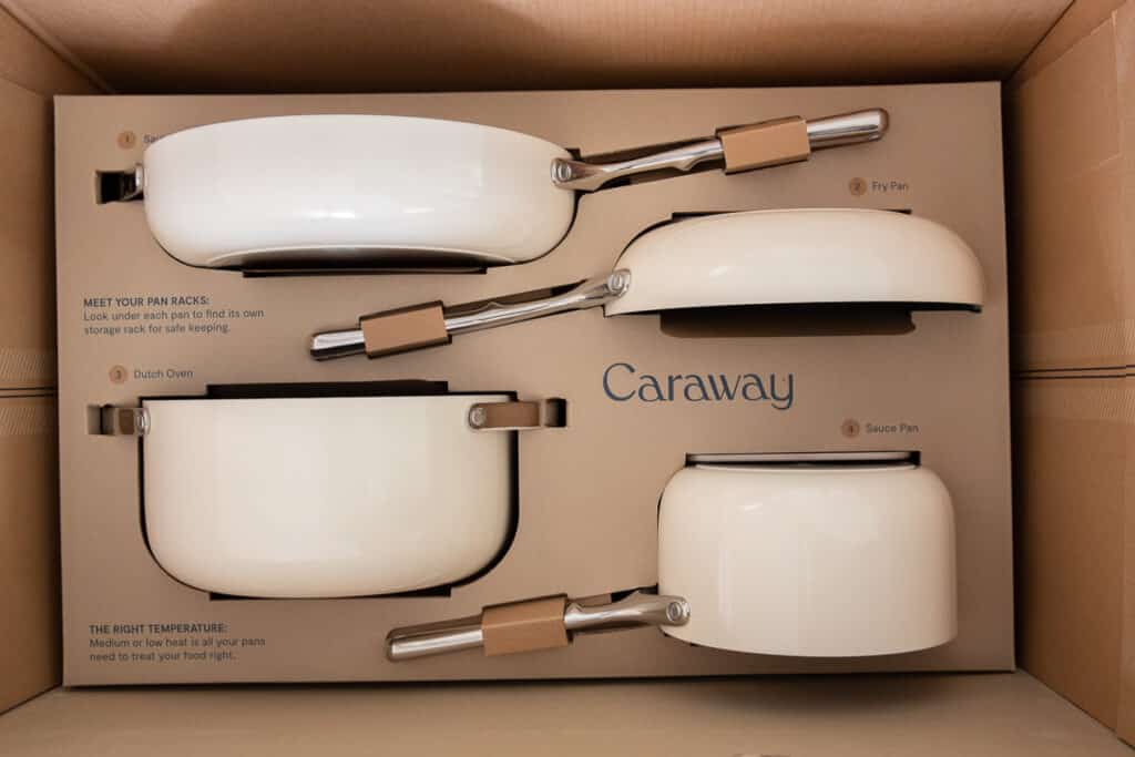 Caraway pots and pans in a box