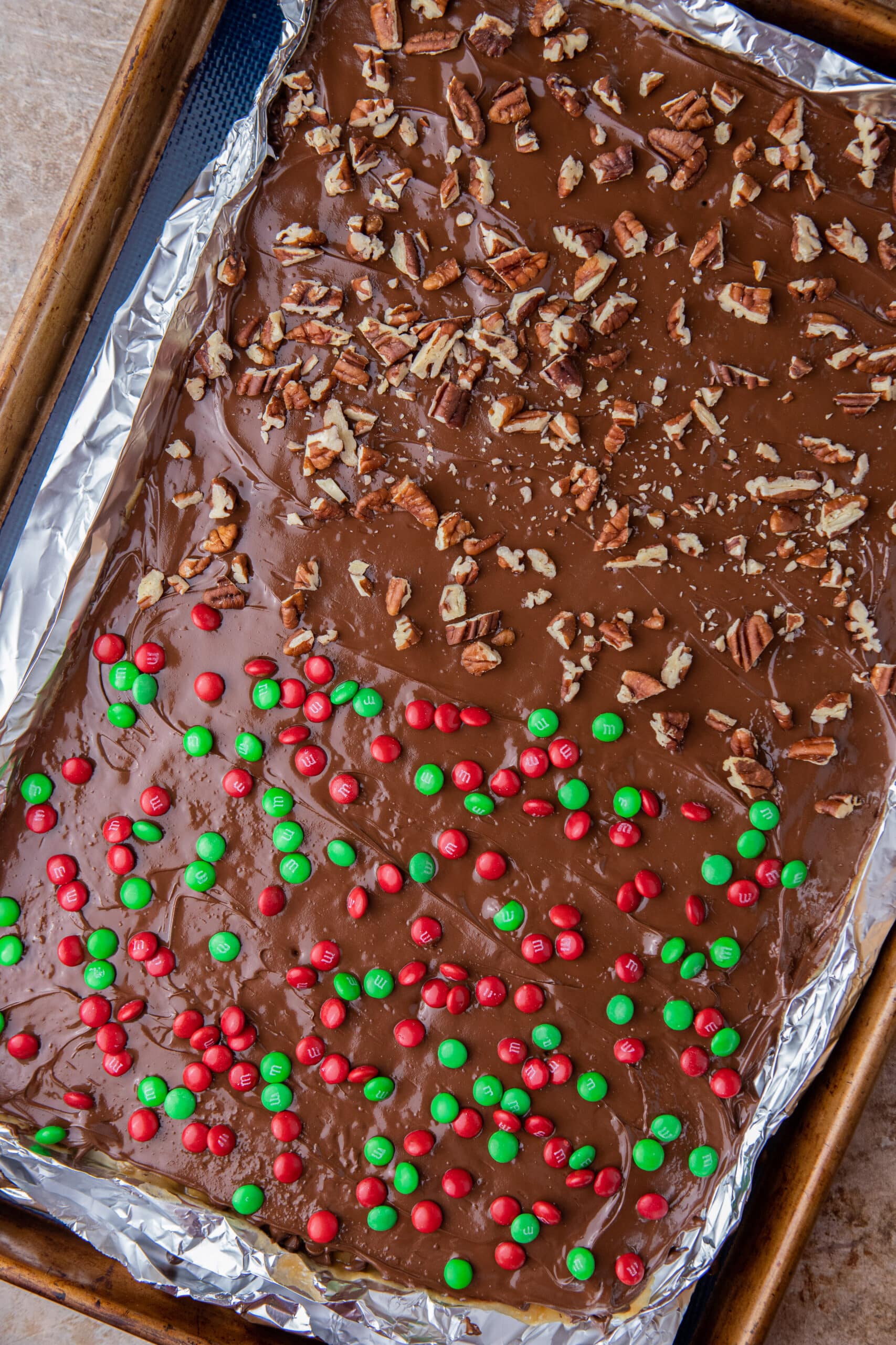 Christmas crack with pecans and m&m's