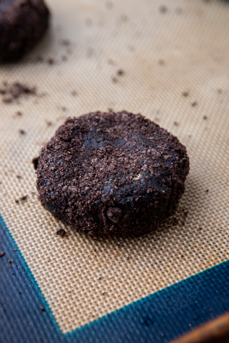 Black cocoa cookie dough rolled in oreo crumbs