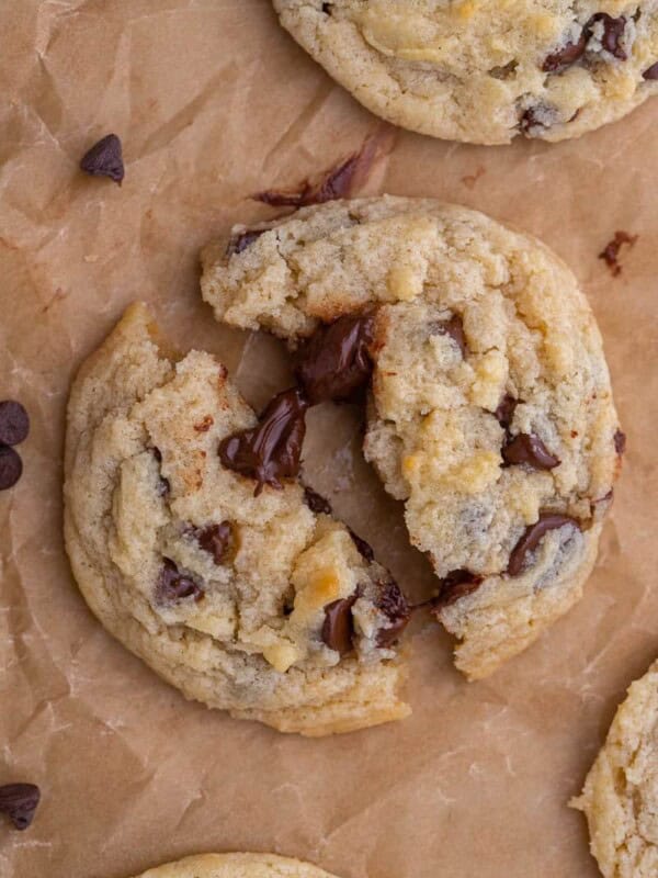 Eggless chocolate chip cookie broken in half