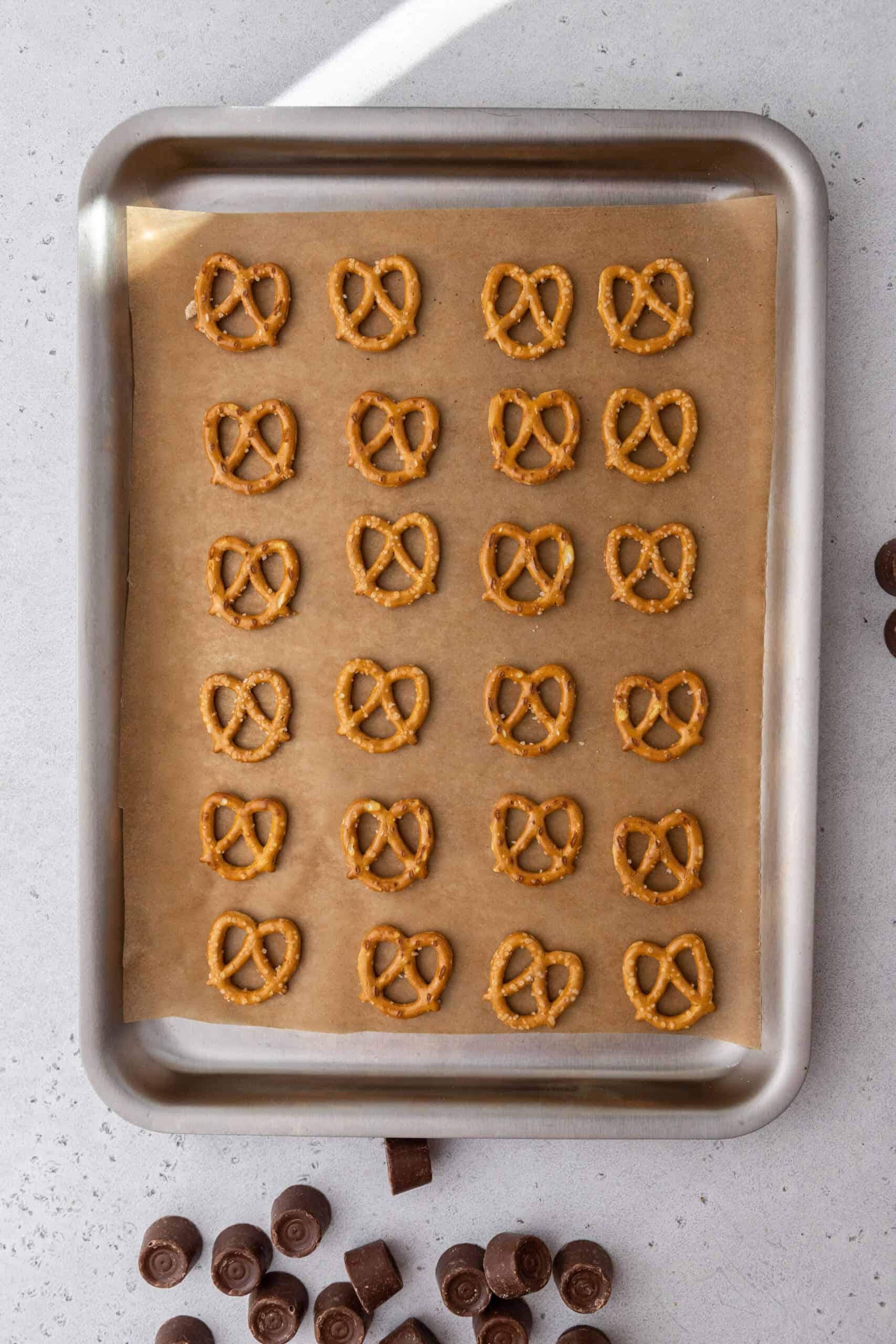 Pretzels on baking sheet