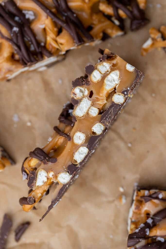 Layers of chocolate pretzel and caramel