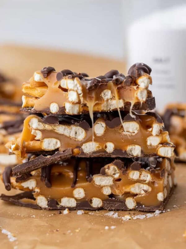 Stack of caramel pretzel bark