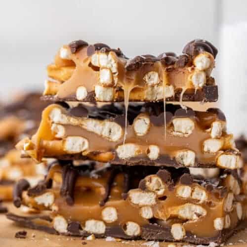 Stack of salted caramel pretzel bark