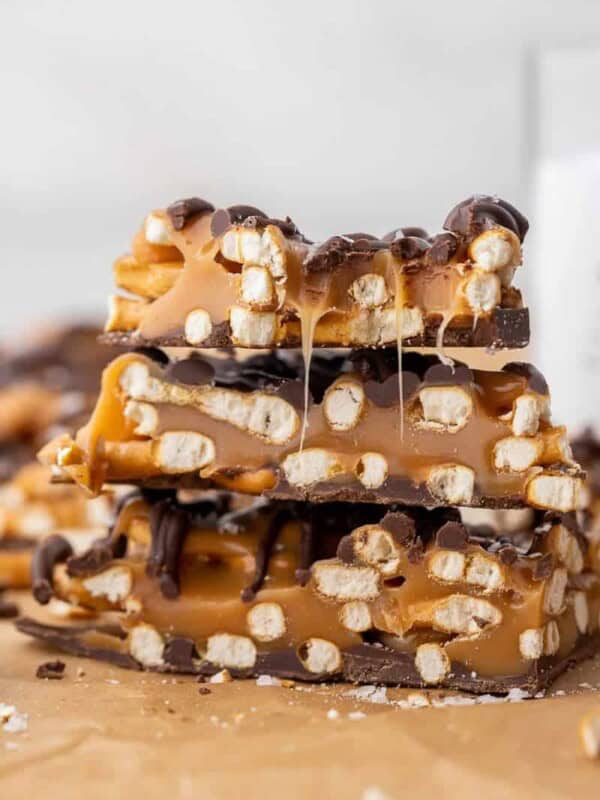 Stack of salted caramel pretzel bark
