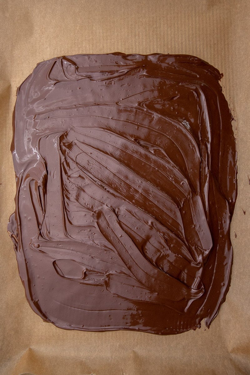 Melted chocolate on baking sheet