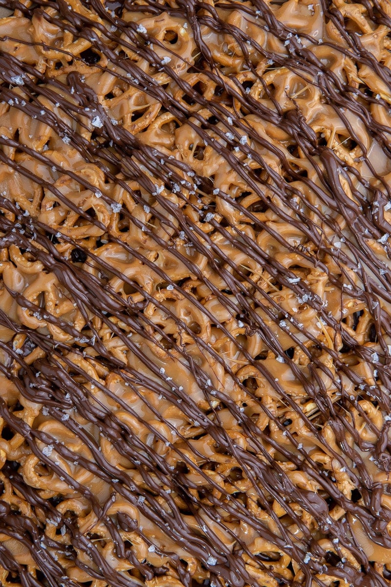Close up photography caramel pretzel bark