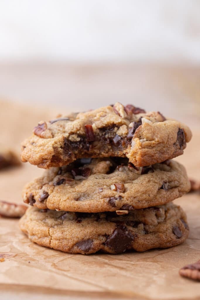 Stack of chocolate chip pecan cookies