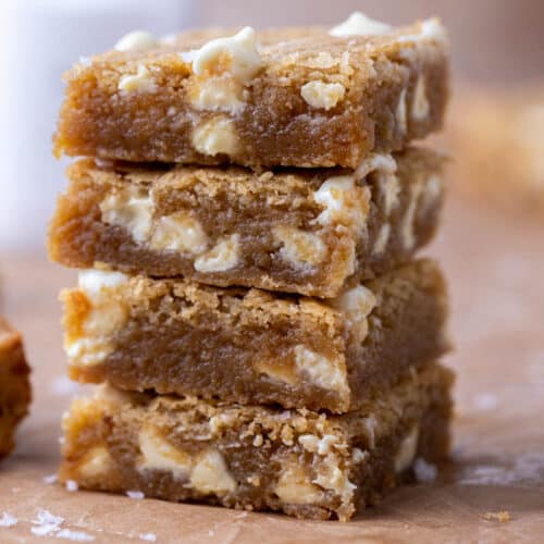 Stack of brown butter white chocolate blondies