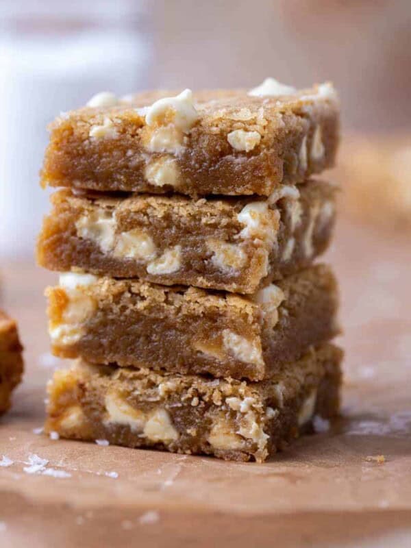 Stack of brown butter white chocolate blondies