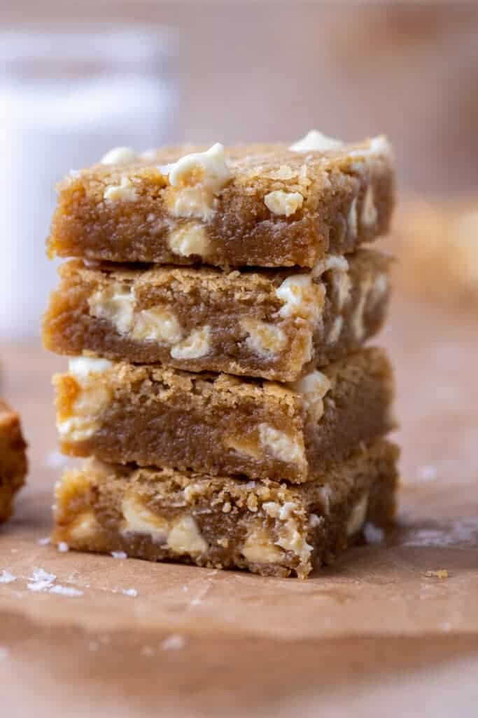 Stack of brown butter white chocolate blondies