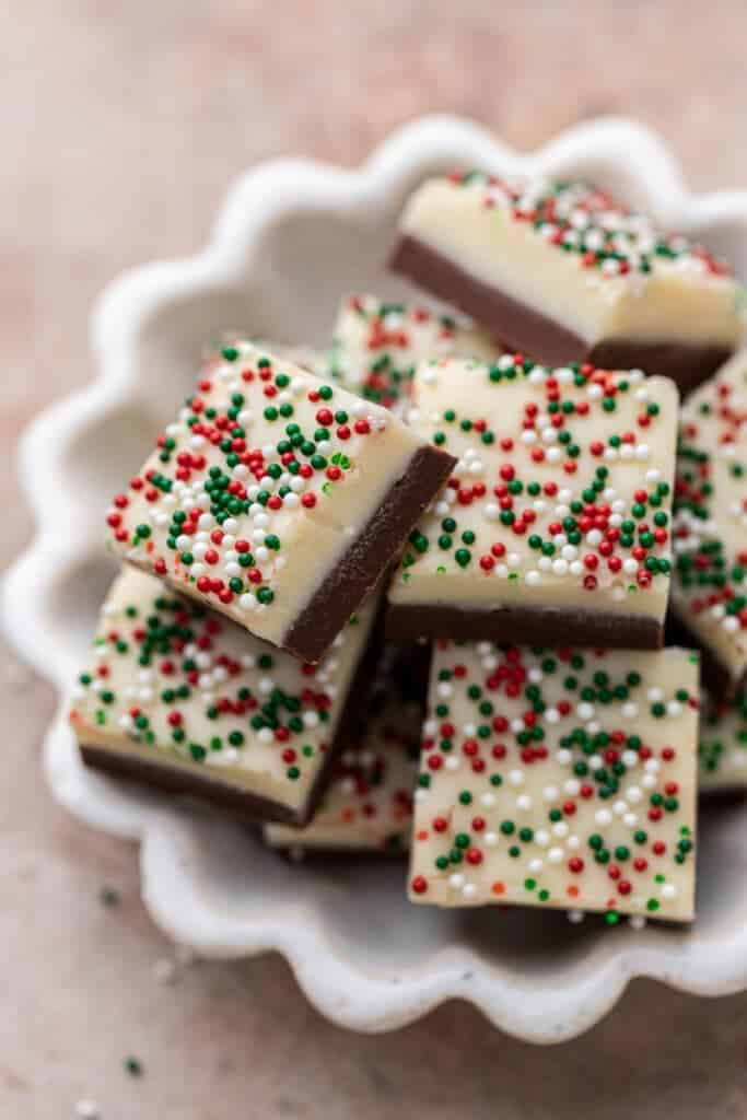 Close up of Christmas fudge squares