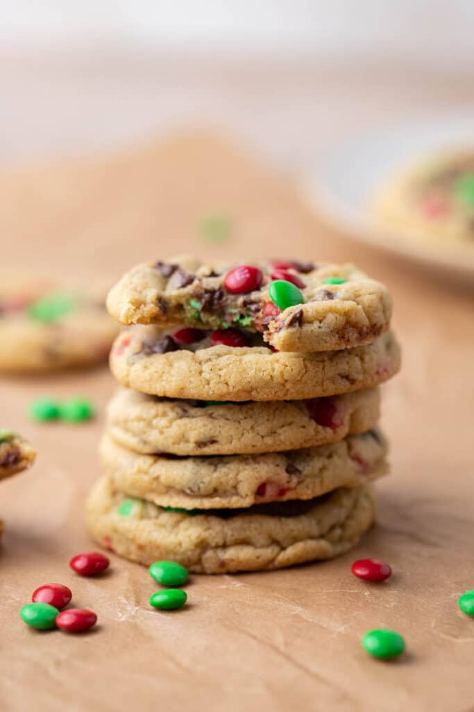 Stack of Christmas m&m's chocolate chip cookies