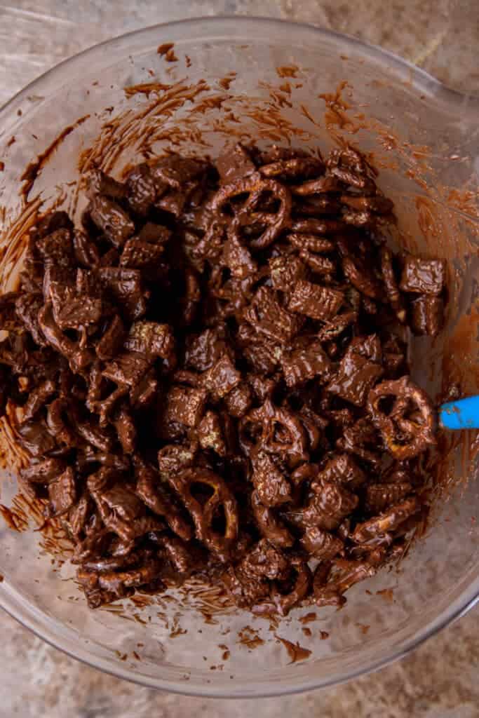Chex cereal stirred into chocolate peanut butter mixture
