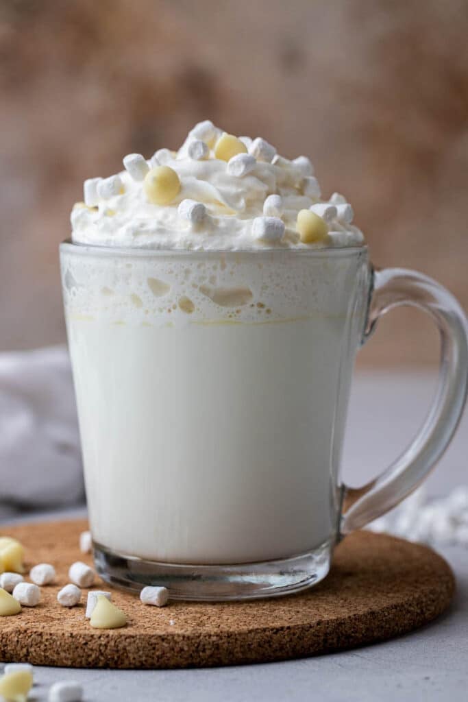 White hot chocolate with whipped cream 