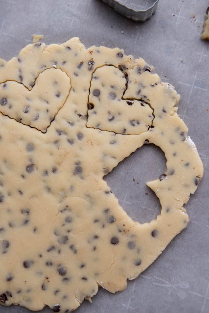 Chocolate chip cut-out cookie dough in a mixing bowl