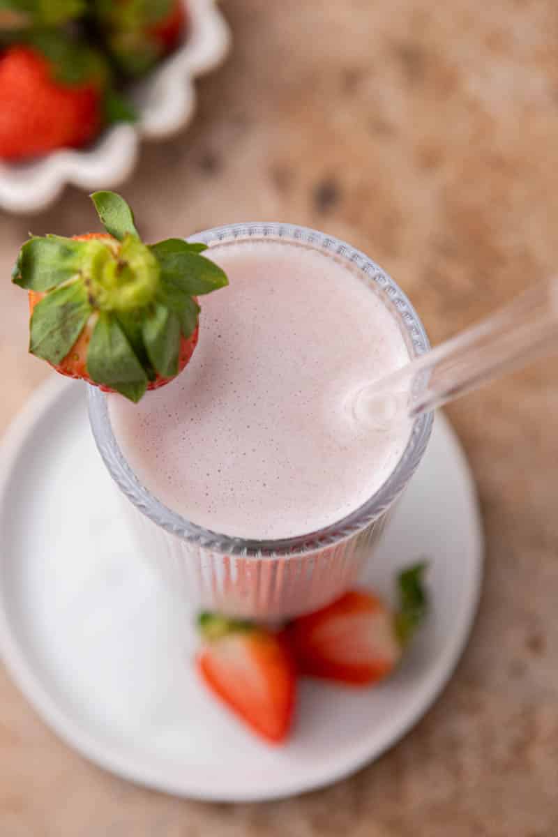 Overhead shot of strawberry milk