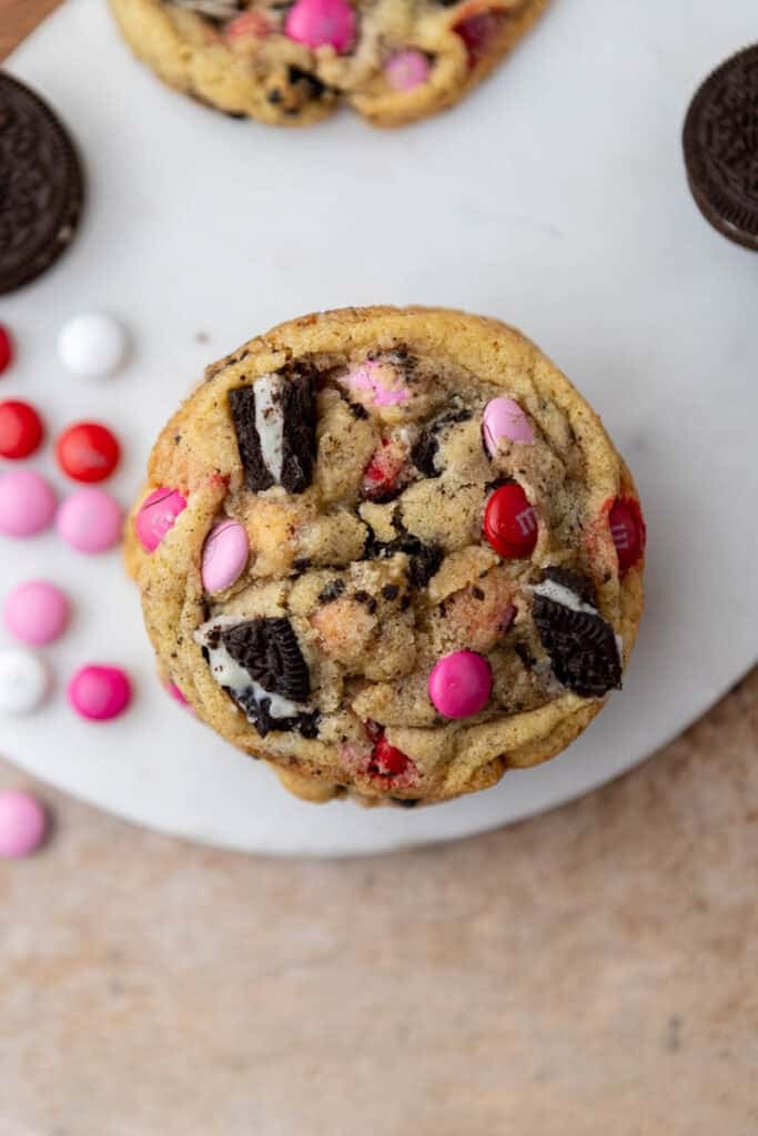 Overhead shot of Valentine's day Oreo M&M's cookies