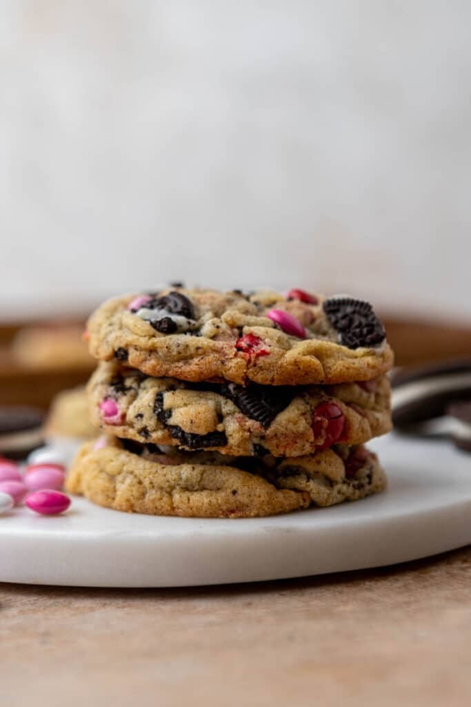 Valentine's day Oreo M&M's cookies stacked