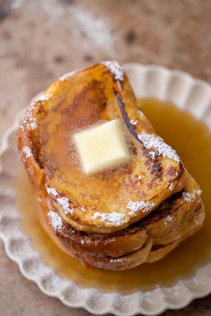 overhead shot of a stack of brioche french toast