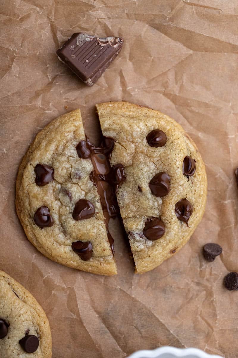Chocolate oozing out of chocolate chip cookie
