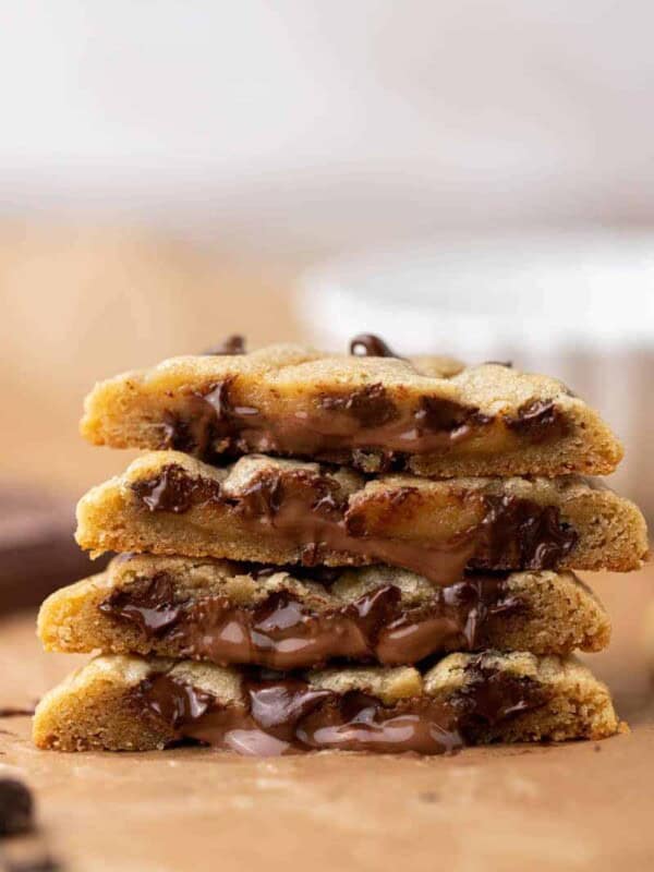 Stack of chocolate stuffed chocolate chip cookies