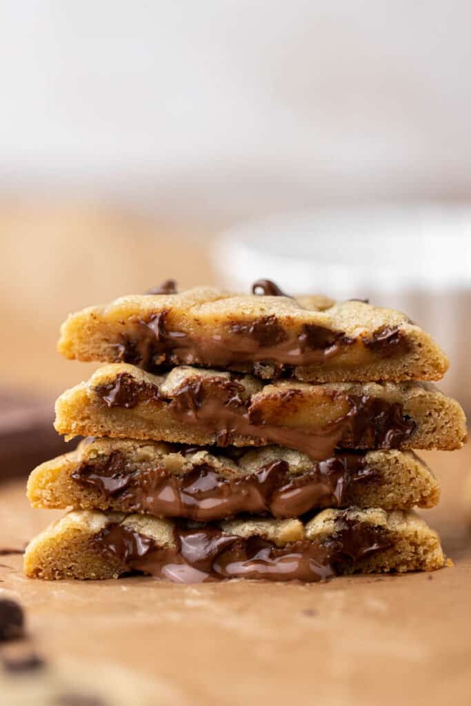 Stack of chocolate stuffed chocolate chip cookies