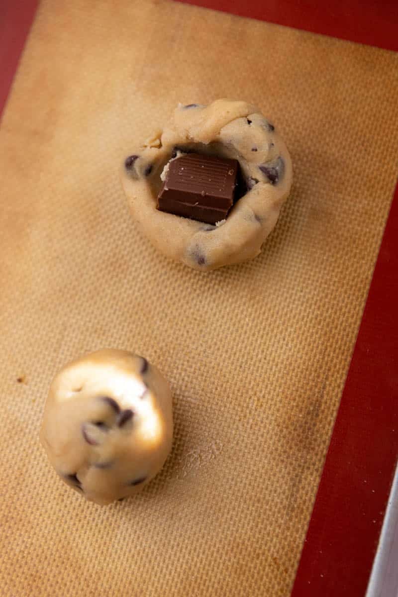 Chocolate stuffed in chocolate chip cookie dough
