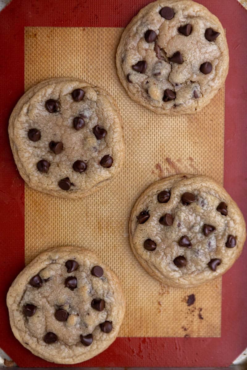 Chocolate chip cookies on baking sheet 