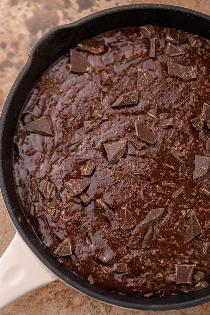 Brownie batter in skillet pan