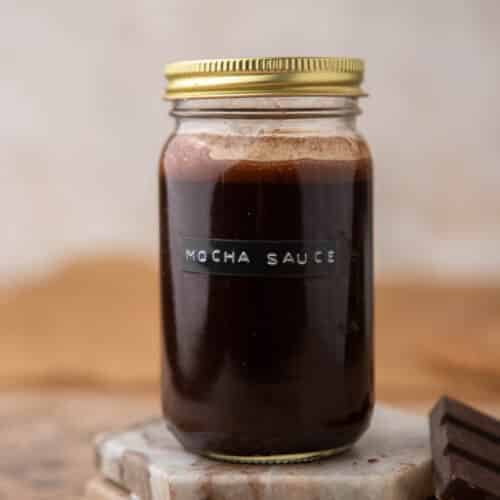 Chocolate syrup for coffee in a jar