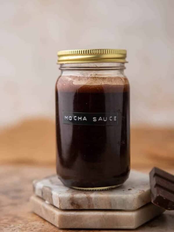 Chocolate syrup for coffee in a jar