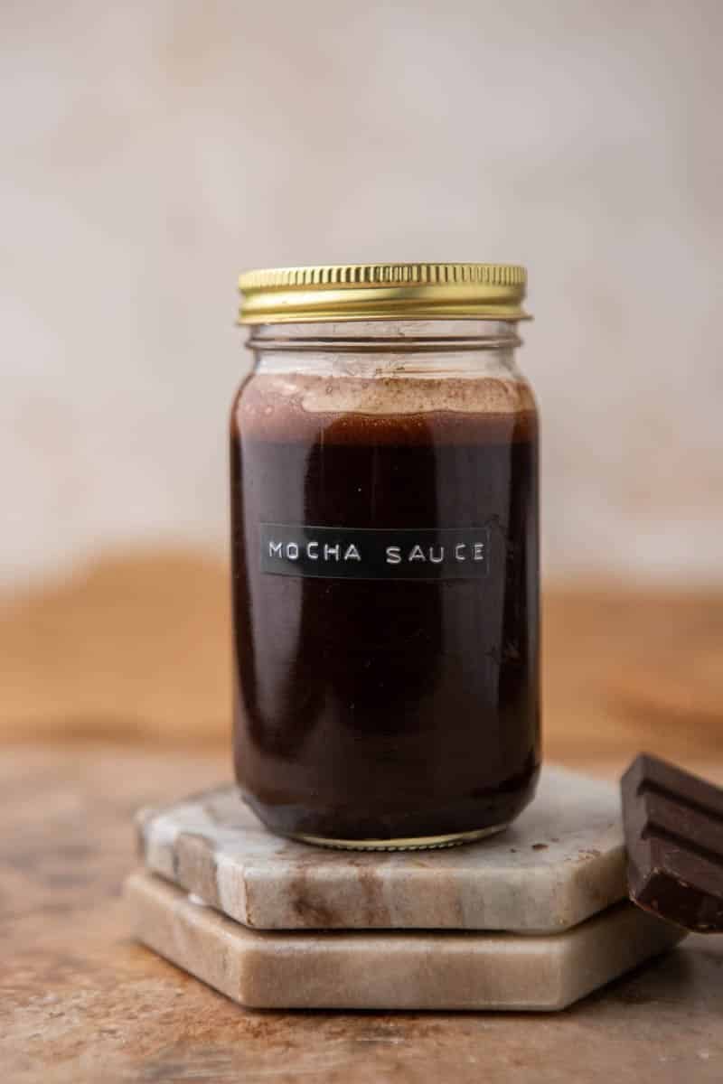 Chocolate syrup for coffee in a jar